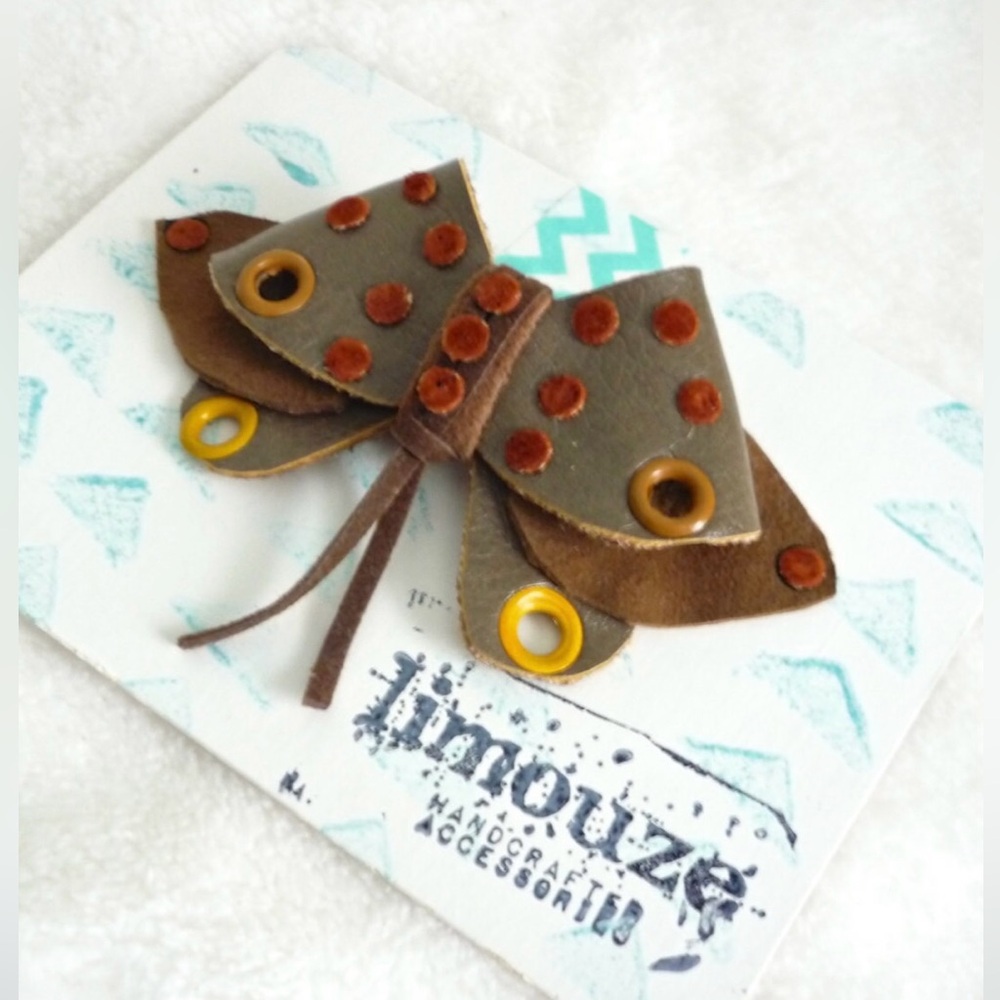 Vinyl Bow + Abstract Moth Brooch - Eyelets and Leather - Handmade by Limouze